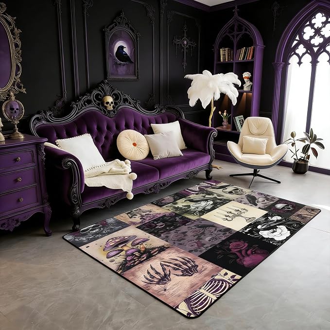 Castle Fairy Gothic Crow Area Rug,Sugar Skull Decorative Rugs for Bedroom Decor,Purple Rose Flower Mushroom Accent Rug Vintage Black Patchwork Plaid Indoor Floor Mat Entrance Rug,5'x6'6" - skull carpet
