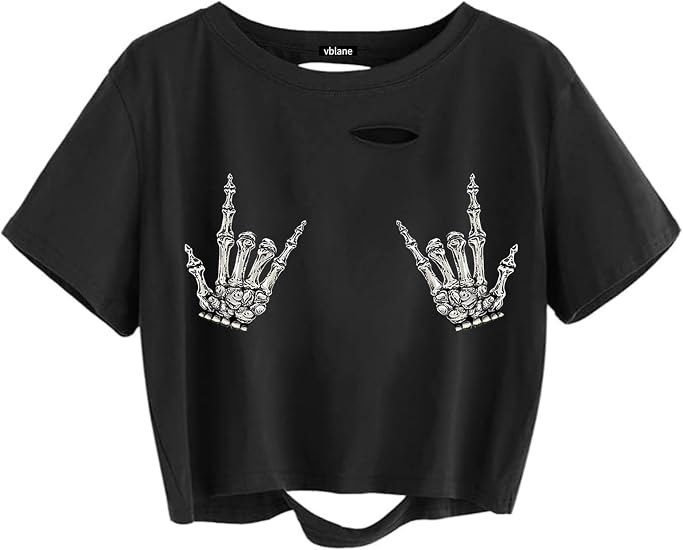 vblane Graphic Oversized Crop Tops for Women Loose Cropped Distressed Tshirt Short-Sleeve Vintage Boxy Tee Shirts - skull tshirt