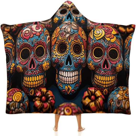 Wearable Blanket Hoodie Oversized Soft Warm Hooded Blanket Colorful Sugar Skulls Blanket Throw Wrap Poncho for Women - skull hoodie