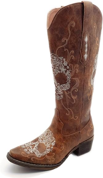 Women’s Embroidered Skull Cowboy Boots – Western Style, Slip-On Mid-Calf Boots, Chunky Heel, Pointed Toe, Vintage Rodeo Cowgirl Boots - sugar skull boots