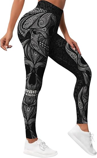 HIVICHI Printed Leggings for Women Pattern High Waisted Running Yoga Pants - skull leggings