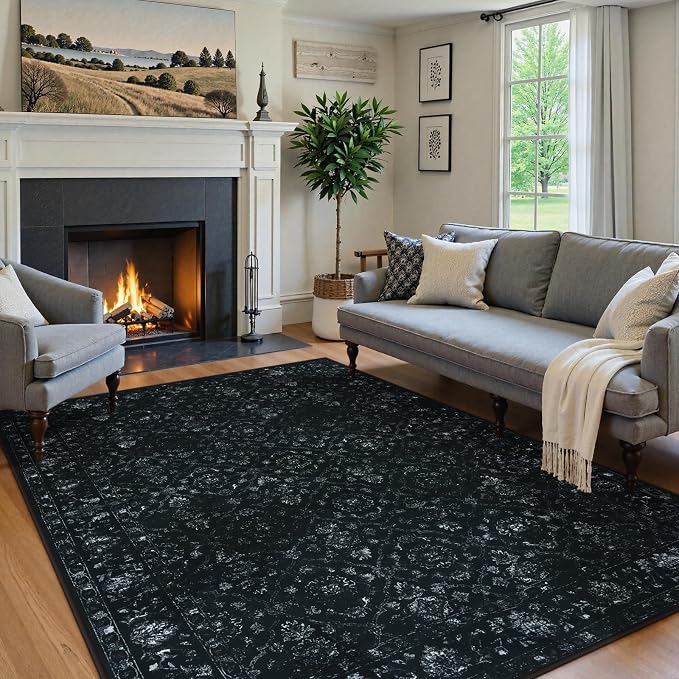 Vintage Black Rug for Bedroom, Non Slip Washable Area Rugs 5x7 for Living Room, Ultra-Thin Soft Boho Bedroom Rug for Dining Room Office (5'x7', Black) - skull carpet