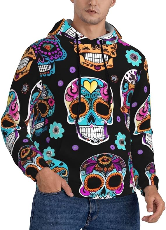 Sugar Skull print Men's hoodie head long sleeve sweatshirt comfortable top with pockets for - skull hoodie