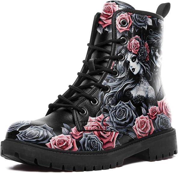 Women's Combat Ankle Boots, Heart Print Fashion Short Booties Rose and Skull Durable Lace-Up Work Boots, Gift For Her Lover - sugar skull costume