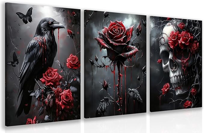 Hianan Wrapped Canvas Dark Goth Crow Rose Skull Wall Art Set of 3, 16x24 in - skull wall art