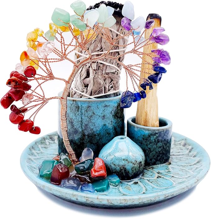 5 in 1 Incense Burner Holder with Crystal Healing Tree, Palo Santo Holder, Sage Holder, Incense Holder for Sticks/Cones/Candles, Ceramic Tray Ash Catcher for Burning Incense, Meditation Gift - skull incense burner