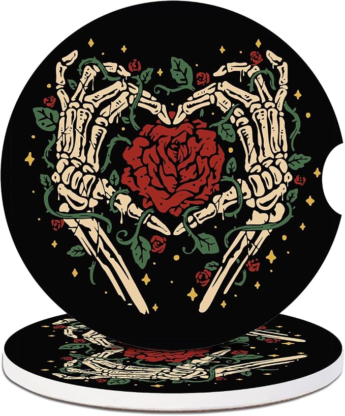 Car Cup Holder Coaster - Skeleton Skull Love Rose 2 Pack for Absorbent Cup Holders,Universal Anti Slip Insert Absorbent Ceramic Car Cup Holder Coaster with A Finger Notch - skull coaster