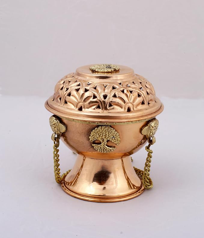 Indian Consigners Copper Altar Incense Charcoal Burner Holder with Chain (Tree of Life) - skull incense burner