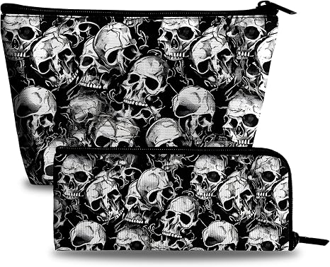 Cool Skull Makeup Bag Cosmetic Bag for Women,1Pcs Large Capacity Makeup Bags and 1Pcs Pencil Case Makeup Brushes Storage Bag Travel Toiletry Bag Organizer - skull suitcase