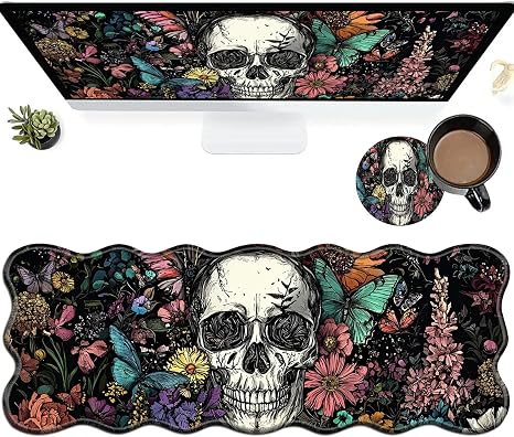 Sugar Skull Flowers Large Gaming Mouse Pad Plus a Coaster, 31.5 x 11.8 inches Desk Mat Extended XL Mousepad with Stitched Edge Non-Slip Rubber, Desk Pad Computer Mouse Mat for Home Office - skull floor mat