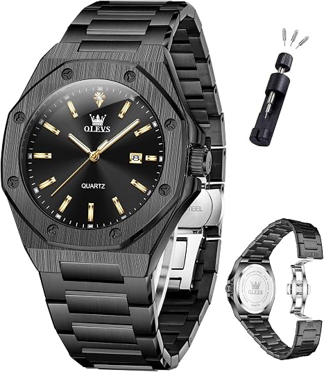 OLEVS Mens Watches Octagonal Luxury Stainless Steel Dress Watches for Men Quartz Analog Large Face Luminous Watch - skull watch