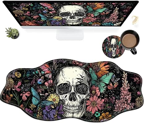 Sugar Skull Flowers Large Gaming Mouse Pad Plus a Coaster, 35.4 x 15.7 inches Desk Mat Extended XXL Mousepad with Stitched Edge Non-Slip Rubber, Desk Pad Computer Mouse Mat for Home Office - skull coaster