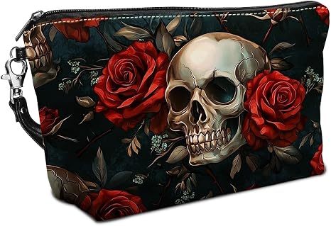 Leather Makeup Bag with Detachable Tape, Waterproof Portable Samll Cosmetic Bag Travel Accessories Organizer, Travel Toiletry Bag for Women Man, Skull Roses Make up Bag - skull suitcase