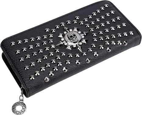 Studded Skull Wallet for Women, Black Gothic Clutch with Metal Studs, Zip-Around Compact Leather Purse for Cards and Cash - skull wallet