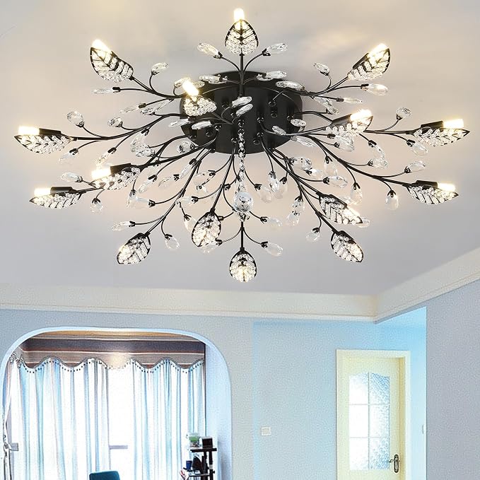 15-Light Black Modern Retro Crystal Leaf Semi Flush Mount Chandelier