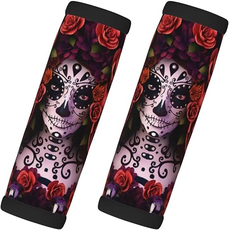 Day of The Dead Sugar Roses Skull Print Luggage Handle Wrap, Neoprene Suitcase Identifier with Tags, Travel Accessories for Women Men - skull suitcase