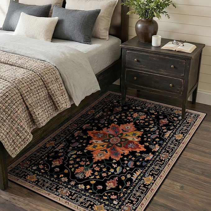RELEANY Washable Area Rug, 3’x5′, Black/Colorful