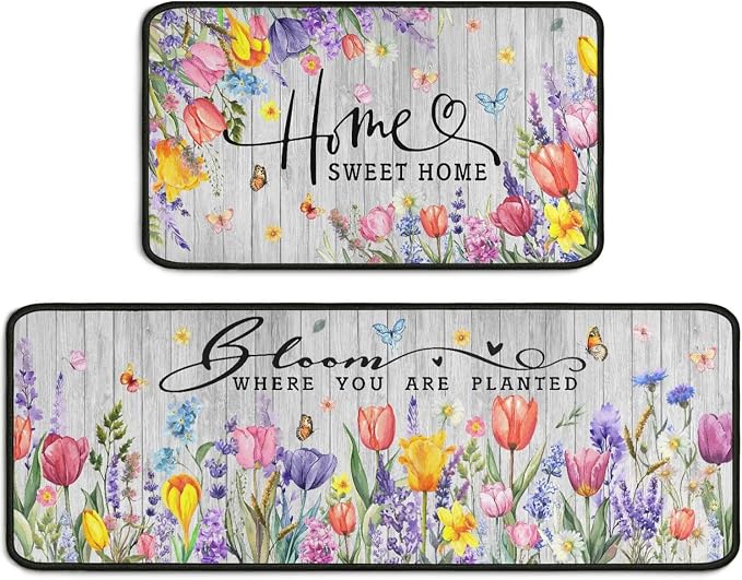 Spring Kitchen Rugs Sets of 2 Non Slip Washable, Tulip Lavender Floral Summer Spring Kitchen Mats Home Decor Rug Decorations Indoor - skull floor mat