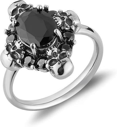 HZMAN Stainless Steel Skull Black Onyx Statement Ring for Men Women - skull ring
