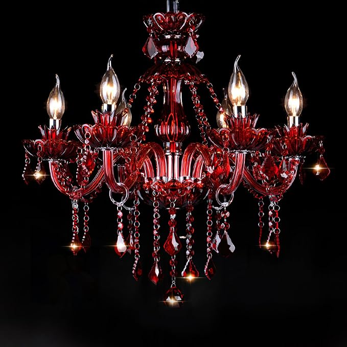Red 6 Lights K9 Crystal Candle Chandeliers Lighting Modern Pendant Lights Crystal Modern Chandelier Candle Chandelier Lighting for Living Room Bedroom Hallway Entry E12 Base, H22 x W23.6 Inch