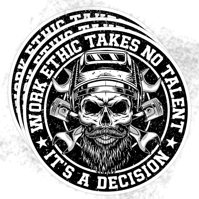 Set 3PCS 3 Inches - Work Ethic Takes No Talent Its A Decision Sticker Hard Hat Stickers Proud Blue Collar Mechanic Skull 3" Waterproof Vinyl Decal for Water Bottles, Tumblers, Laptop, Kindle, Helmet - skull sticker