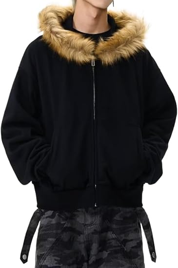 Men Hoodie Zip Up Y2k Zip Up Hoodie Fur Hooded Jacket Warm Winter Coat for Men with Hood Fur Collar Streetwear - skull jacket