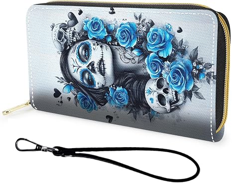 Wallet,Large Capacity RFID Blocking Leather Wallet, Durable Smooth Zipper Clutch,Unisex Travel Wallet for Cards,Cash,and Coins,Day of the Dead Sugar Skull Women - skull wallet