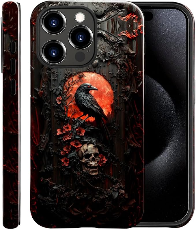 Generic Case Compatible with iPhone 16 Pro,Scratch Resistant Hybrid 2-Layer Hard Shell Bright Phone Case,Raven Skull Gothic Dark - Skull phone case