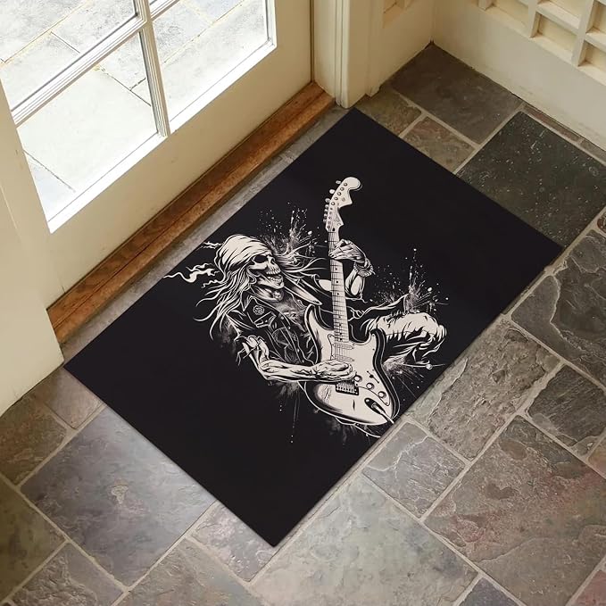 Rockstar Skeleton Indoor Door Mat for Entryway, 17x29.5 Inch, Skull Floor Doormat for Home Decor, Non-Slip Rug Mat for Living Room, Kitchen, Bedroom, Gifts for Lover - skull toilet mat