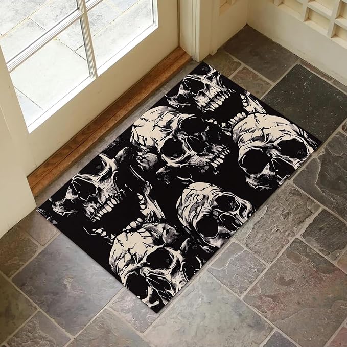 Skull Pattern Indoor Door Mat for Entryway, 17x29.5 Inch, Gothic Floor Doormat for Home Decor, Non-Slip Rug Mat for Living Room, Kitchen, Bedroom, Gifts for Lover - skull floor mat