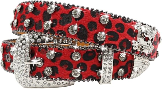 Leopard print Rhinestone Skull Belt Men Women Y2k Punk Emo BB Belt - skull wallet