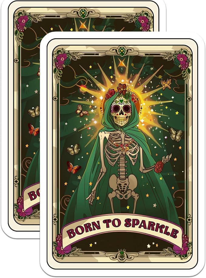 (2 Pack) Born to Sparkle Stickers - Day of The Dead Art - Skull and Roses Decal - 5" On Longest Side - Sticks to Smooth Flat Surfaces - Made in USA - BMCS3928 - skull sticker