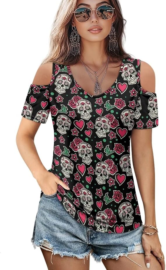 Womens Tee Shirt Tops Short Sleeve Cold Shoulder Tops for Women Summer Gothic Skull Rose Butterfly - skull tank tops