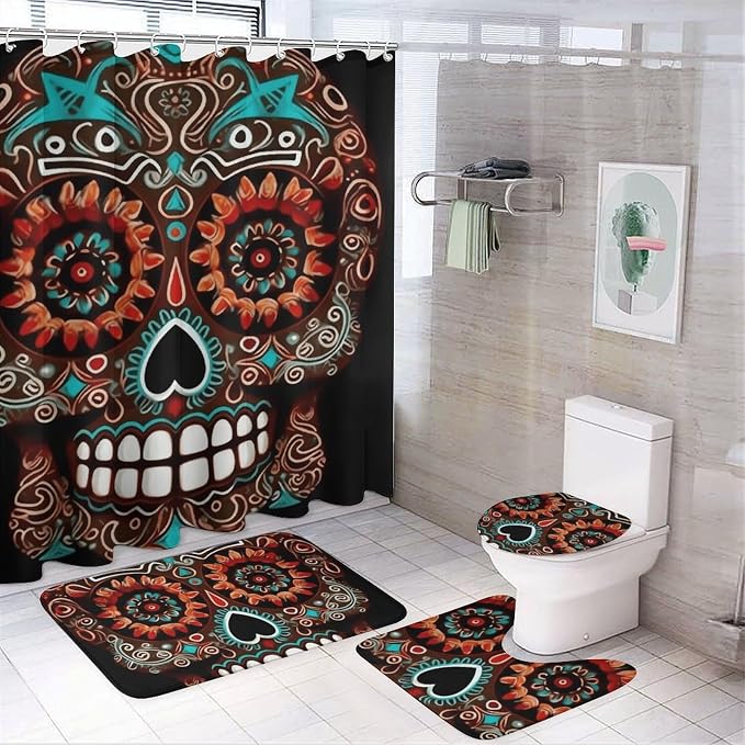 Sugar Skulls Day of The Dead 4 Pcs Bathroom Shower Curtain Set，Bathroom Decor Set with Non-Slip Rugs Toilet Lid Cover and Bath Mat Bathroom Shower Set - skull toilet mat