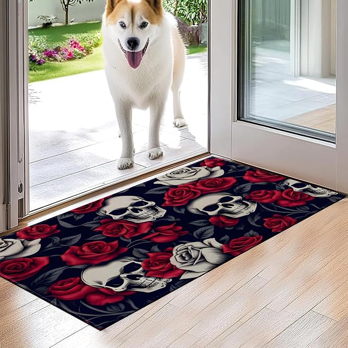 Horror Skull Indoor Door Mat,Gothic Red Rose Floor Doormat,17×29.5in,Non Woven Non Slip Rubber Backing Goth Rug for Porch Insider,Bedroom,Kitchen,Doormats Gifts,Rv Camper Decor