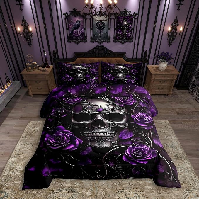 Erosebridal Gothic Skull Bedding for Adluts Kids Teens Halloween Goth Comforter Full Size Vintage Victorian Romantic Purple Rose Floral Quilt Spooky Grunge Skeleton Boho Horror Bedding,Gothic Decor - skull bedding