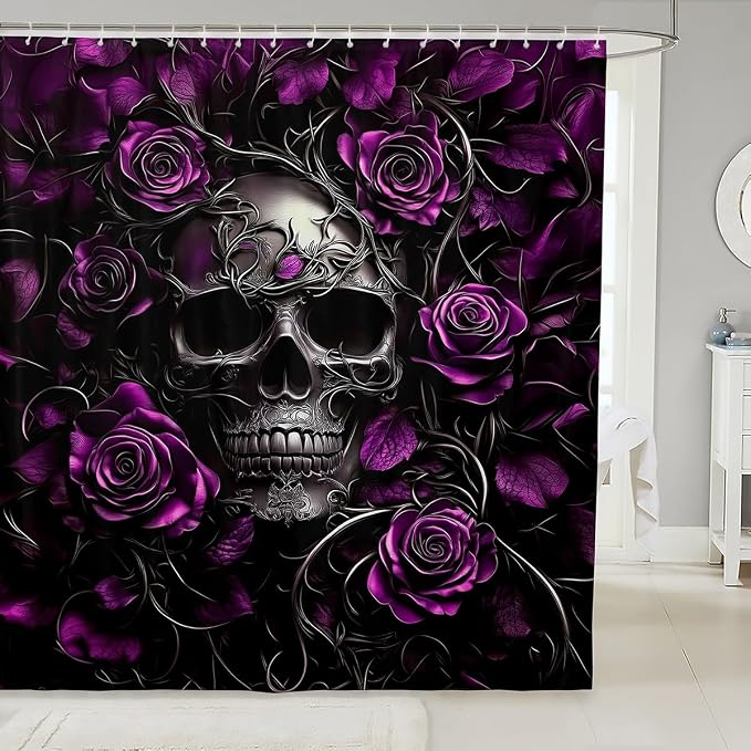 Erosebridal Sugar Skull Shower Curtain,Violet Rose Floral Bathroom Shower Curtain Sets for Adults,Gothic Skeleton Fabric Shower Curtain,Exothic Hippie Horror Waterproof Bathroom Curtains,72" Wx72 L - skull toilet mat