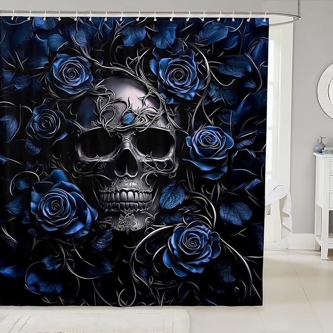 Erosebridal Sugar Skull Shower Curtain,Teal Rose Floral Bathroom Shower Curtain Sets for Kids Adults,Gothic Skeleton Fabric Shower Curtain,Exothic Hippie Horror Waterproof Bathroom Curtains,72"Wx72"L - skull toilet mat