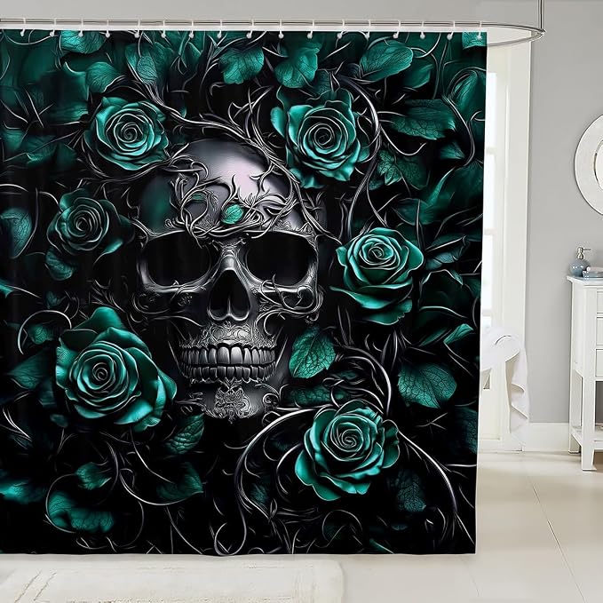 Erosebridal Sugar Skull Shower Curtain,Turquoise Rose Floral Bathroom Shower Curtain Sets,Gothic Skeleton Fabric Shower Curtain,Exothic Hippie Horror Waterproof Bathroom Curtains,72" Wx72 L - skull toilet rug