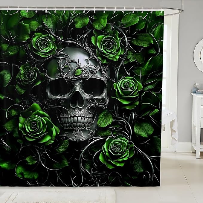 Erosebridal Sugar Skull Shower Curtain,Green Rose Floral Bathroom Shower Curtain Sets for Kids Boys,Gothic Skeleton Fabric Shower Curtain,Exothic Hippie Horror Waterproof Bathroom Curtains,72" Wx72 L - skull rug
