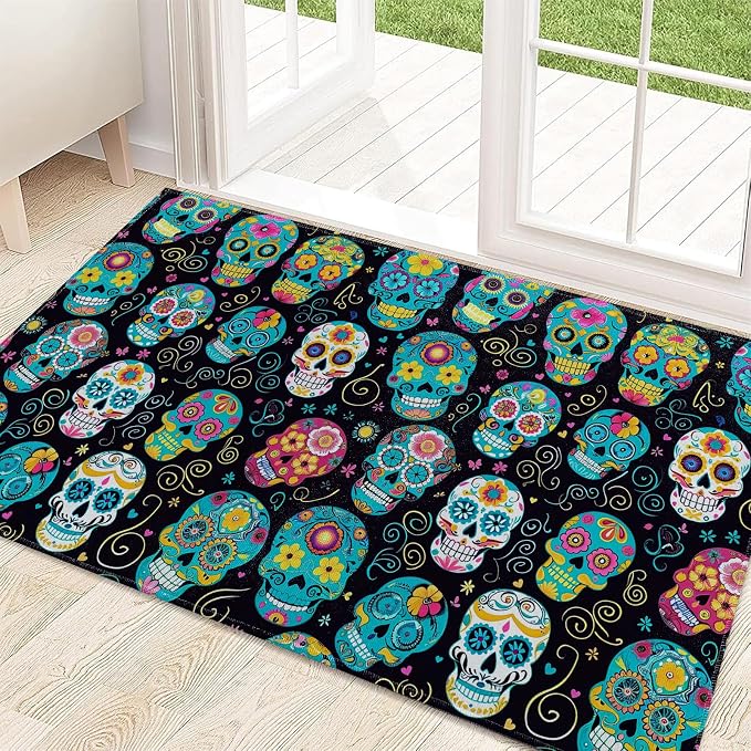 Colorful Sugar Skull Indoor Door Mat 29.5x17in,Non Slip Backing Day of the Dead Floor Mat,Non Woven Entryway Rug,Welcome Mats Decor,for Entrance Inside Porch Bedroom Kitchen,Doormats Gifts - skull carpet