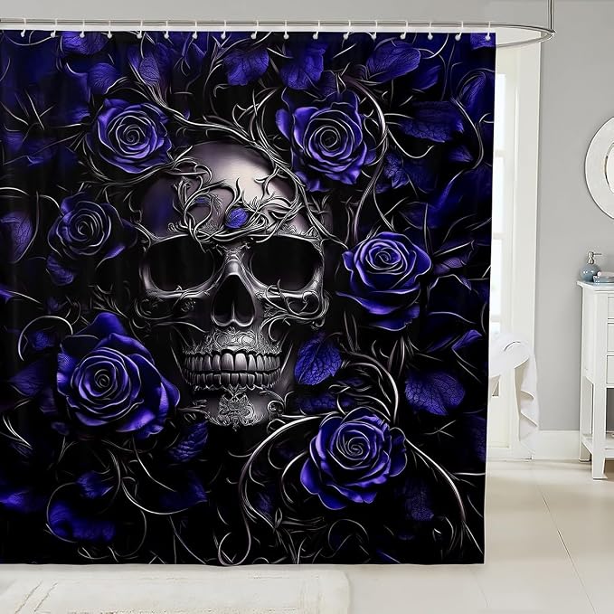 Erosebridal Sugar Skull Shower Curtain,Navy Blue Rose Floral Bathroom Shower Curtain Sets for Kids Boys,Gothic Skeleton Fabric Shower Curtain,Exothic Hippie Waterproof Bathroom Curtains,72" Wx72 L - skull toilet mat
