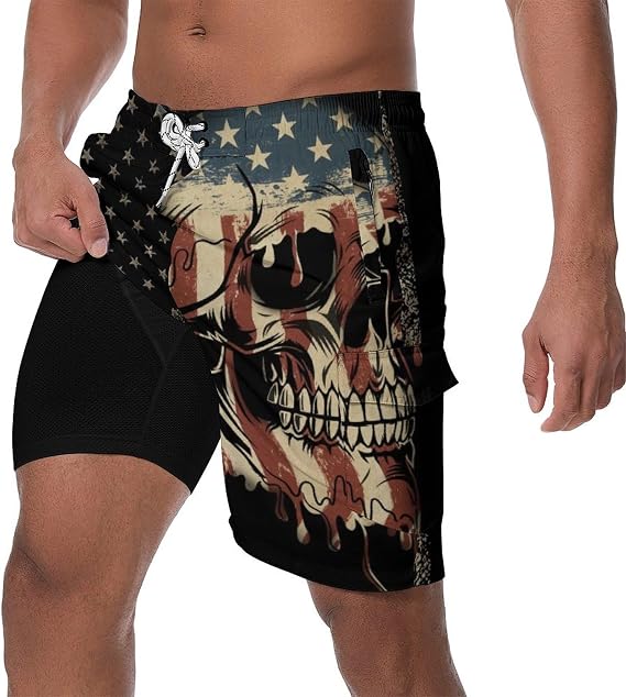 Mens Swim Trunks with Compression Liner 9 Inch Swim Shorts Bathing Suits Quick Dry Hiking Cargo Shorts with Zipper Pocket - skull swimsuit