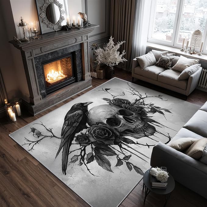 Gothic Rugs for Bedroom – 5×7 Rug, Skull Home Decor, Goth Crow Washable Rugs for Living Room Bedroom, Black Rose Floral Area Rug, Gothic Skeleton Raven Carpet, Gothic Gifts for Women
