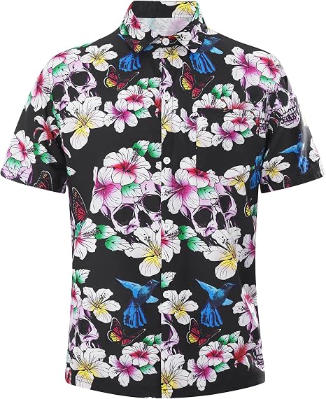 Men's Hawaiian Shirts Short Sleeve Tropical Shirt for Men Button Down Shirts Summer Aloha Beach Shirt - skull tshirt