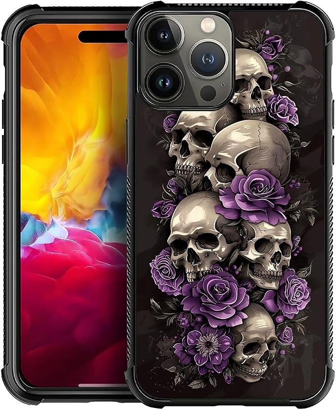 for iPhone 15 Pro Max Case, Shockproof Protective for Man Women Non-Slip for iPhone 15 Pro Max Illustration Scary Skulls Purple Roses Crazy Pattern - Skull phone case