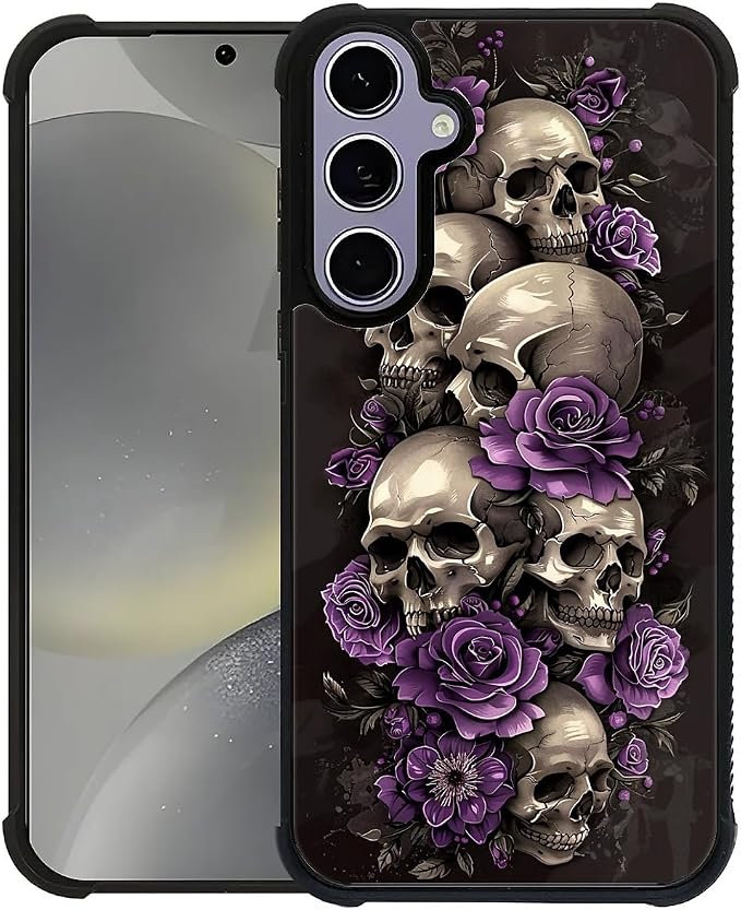 for Samsung Galaxy S24 S25 Case, Shockproof Protective for Man Women Non-Slip for Samsung Galaxy S24 S25 Illustration Scary Skulls Purple Roses Crazy Pattern - Skull phone case
