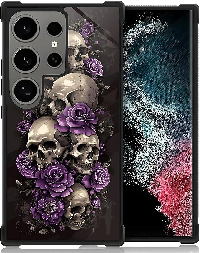 for Samsung Galaxy S24 Ultra Case, Shockproof Protective for Man Women Non-Slip for Samsung Galaxy S24 Ultra Illustration Scary Skulls Purple Roses Crazy Pattern - Skull phone case