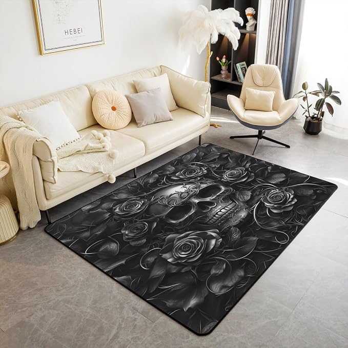 Erosebridal Sugar Skull Area Rug 4'11" x 3'3",Gray Rose Floral Carpet for Kids Boys Girls Teens Adults,Gothic Skeleton Indoor Floor Mat,Exothic Hippie Horror Decorative Washable Rug - skull floor mat