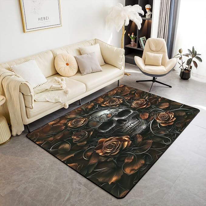 Erosebridal Sugar Skull Area Rug 4'11" x 3'3",Orange Rose Floral Carpet for Kids Boys Girls Teens Adults,Gothic Skeleton Indoor Floor Mat,Exothic Hippie Horror Decorative Washable Rug - skull floor mat